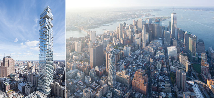 56 Leonard Street, in the Tribeca neighborhood of Lower Manhattan (right), is an assemblage of glass-ensclosed volumes and cantilevering terraces, with the most exuberant projections occurring near its top (left).