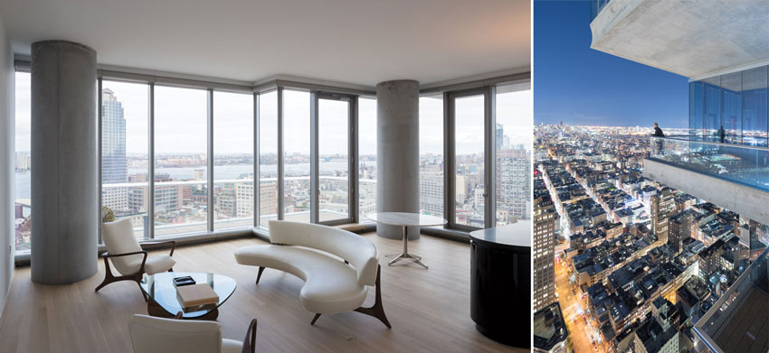 Floor-to-ceiling window walls (left) wrap the entire perimeter of every apartment, providing spectacular views, especially from the upper floors. All the units have projecting balconies (right), but none line up with those on the floors above or below.