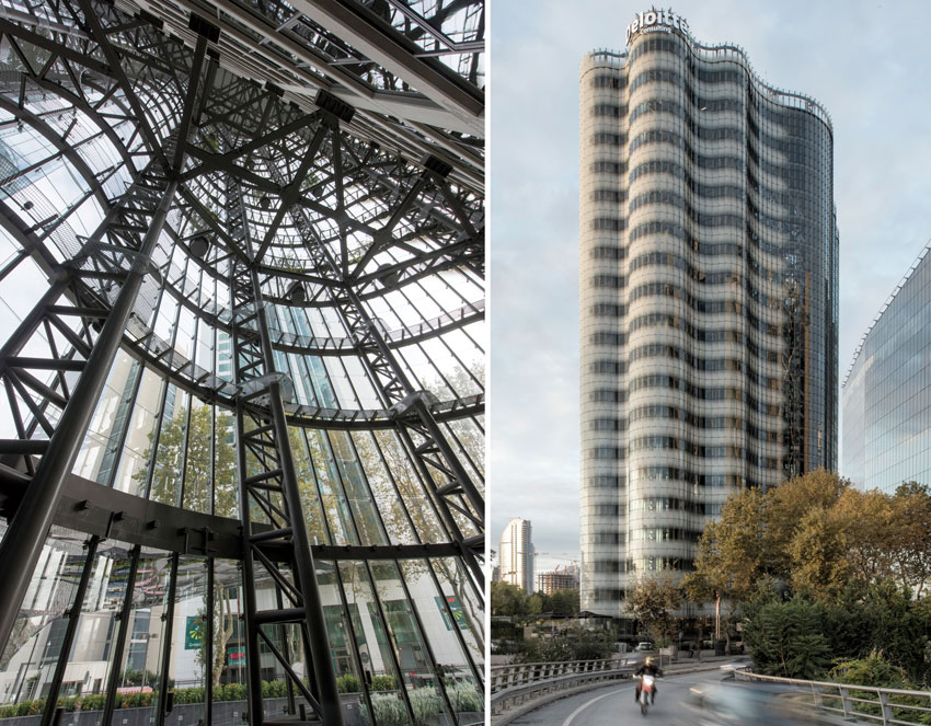 The 20-story Maslak Tower No. 1 in Istanbul (right) renders the modernist prototype in fritted and clear glass. Its biomorphic outer wall is connected to the interior concrete-and-glass curtain wall structure by an exoskeleton of steel and curving beams (left).