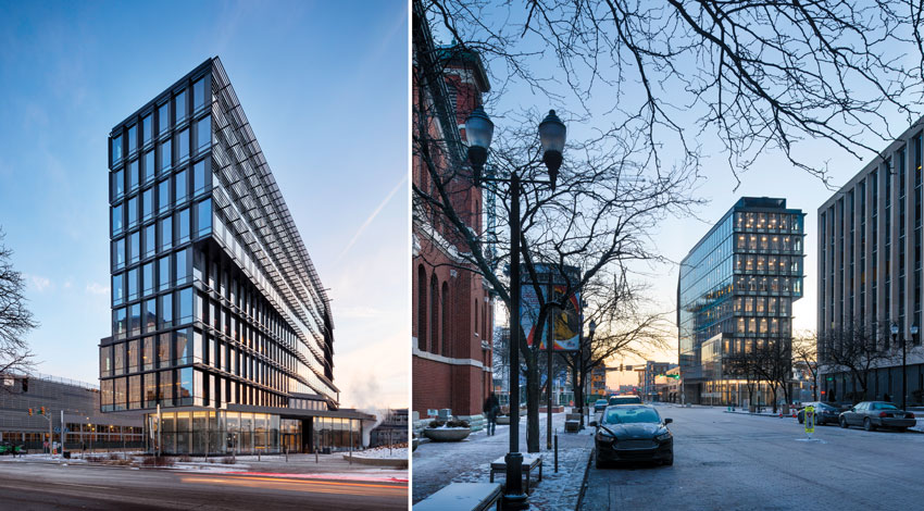 the south-facing wall of the Cummins Distribution Business headquarters (left), north and west walls (right).