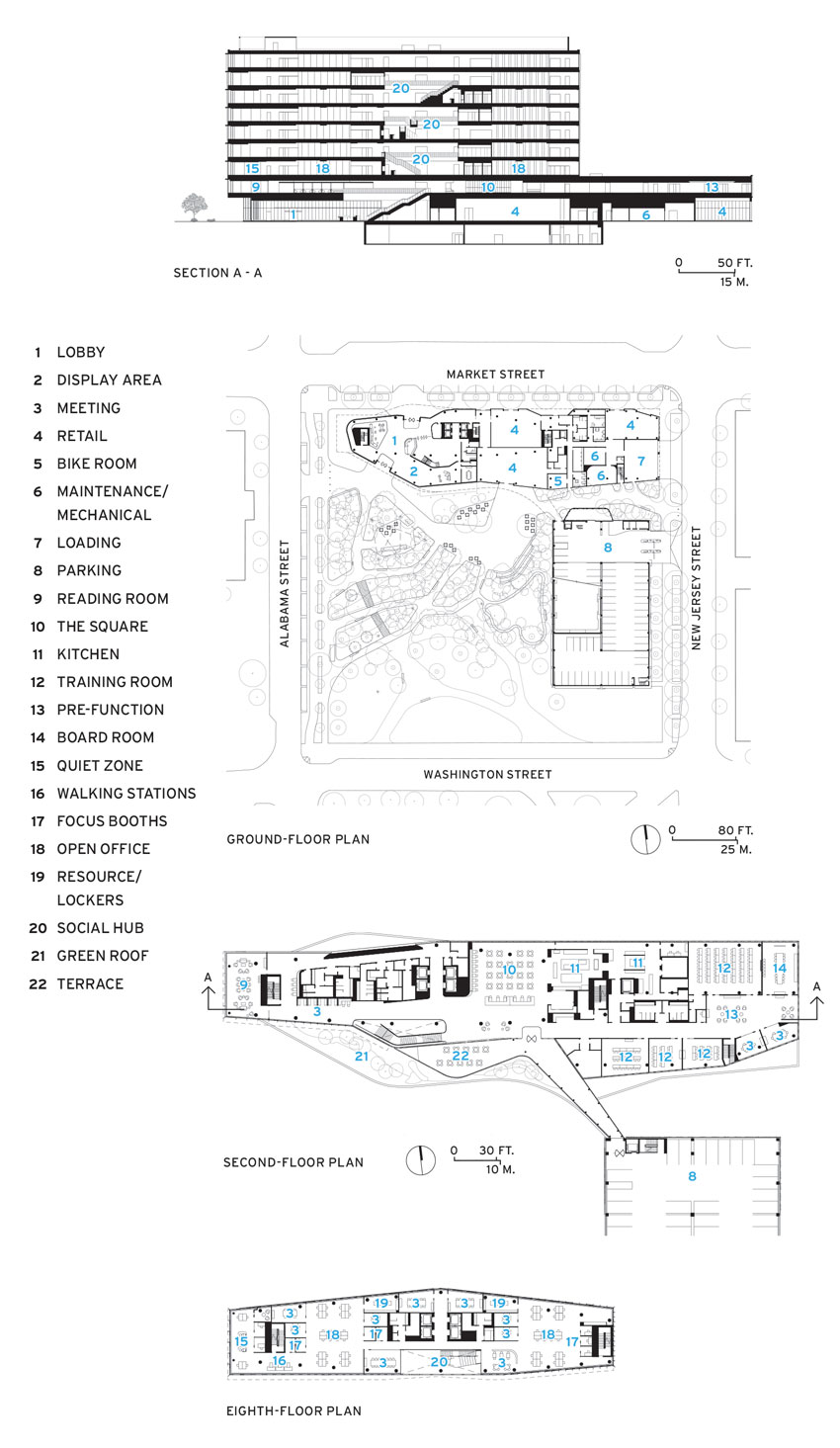 Floor plans and elevations of the Cummins Distribution Business headquarters.