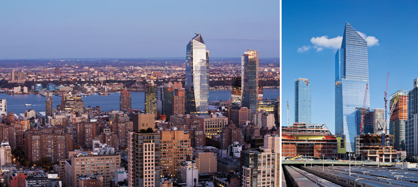 Two exterior photos of 10 Hudson Yards.