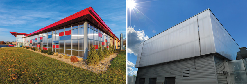 Left: Photo of Otterbein University with integrated facade. Right: Photo of Metro Tower III that looks like a framless channel glass wall.