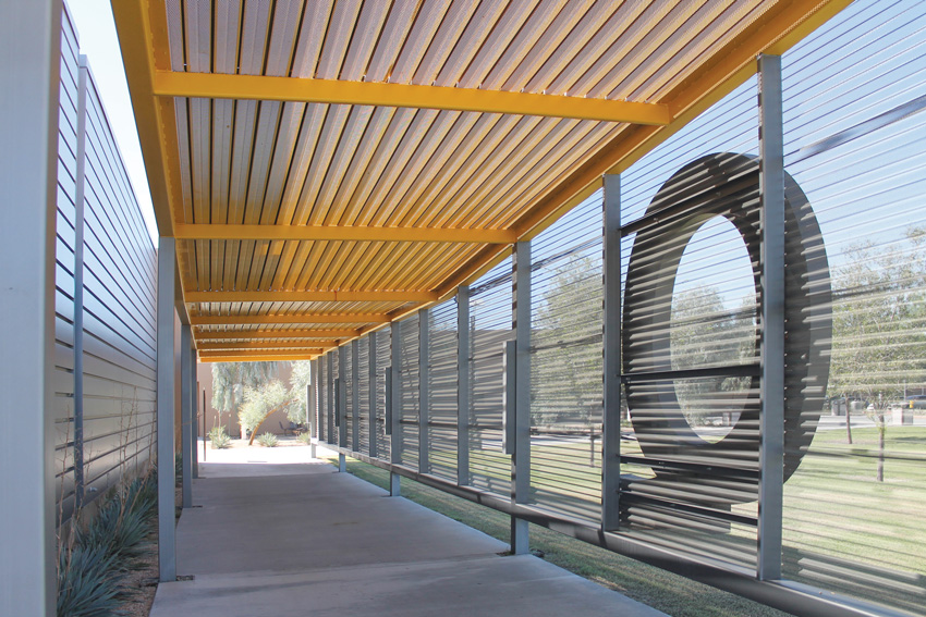 Photo of stainless-steel deck or prefinished deck with vertical facades for sunscreens and shades.