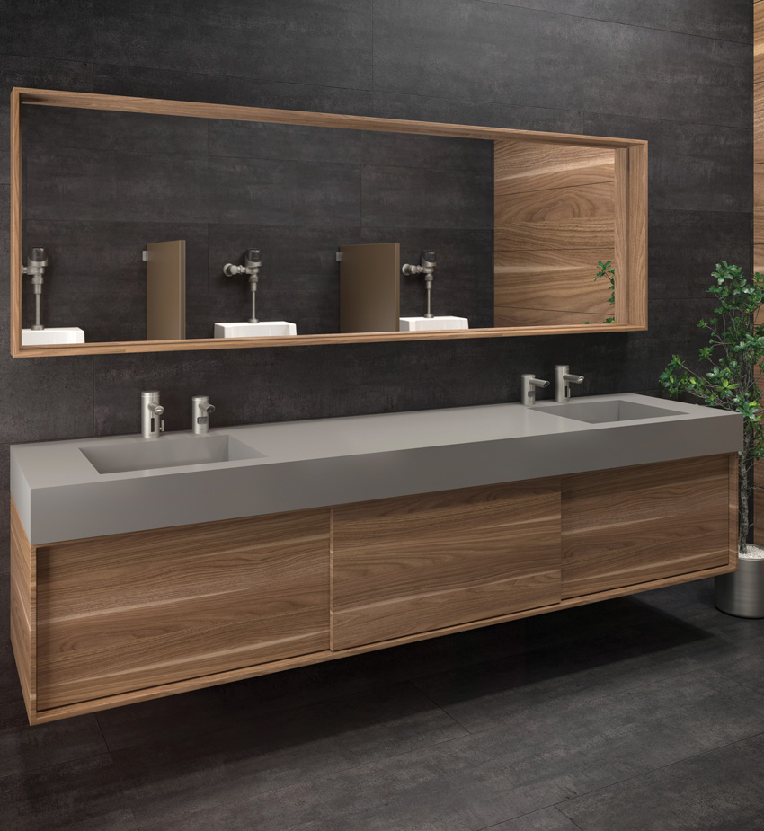 Photo of wooden style bathroom and sinks.