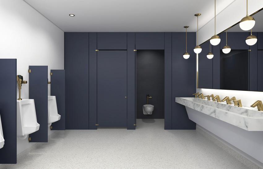 Photo of dark blue special finishes restroom.