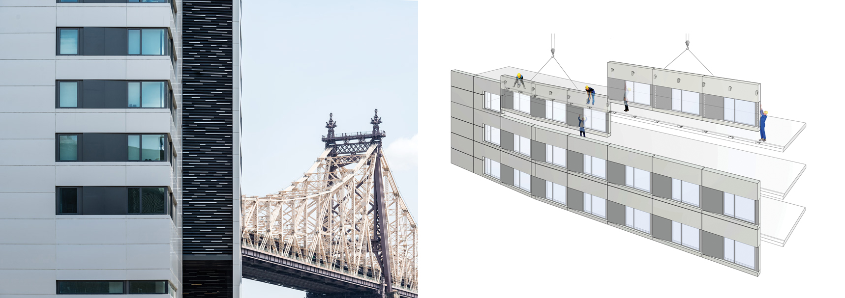 Left: Photo of facade panels of outside building of The House and bridge view. Right: cartoon picture of the already sealed facades.