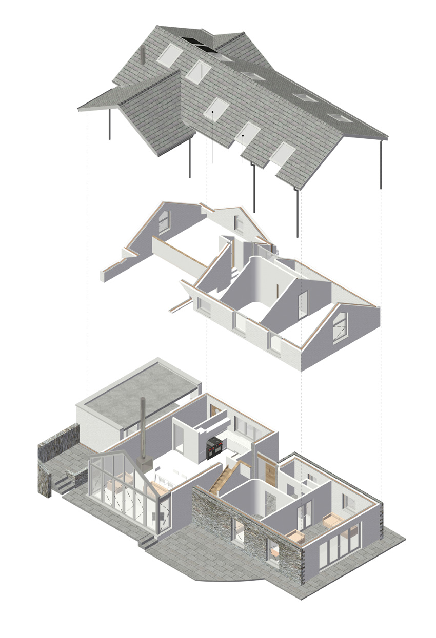 Photo of an example of BIM software. A house with a detached roof that aligns with the roof and in between.