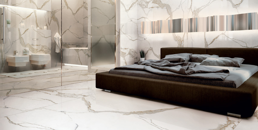 Photo of marble porcelain in bedroom.
