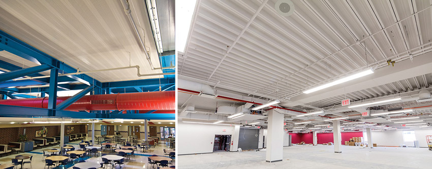 left: Long-span, composite structural floor systems in cafeteria. Right: Long-span, composite structural floor systems in parking garage