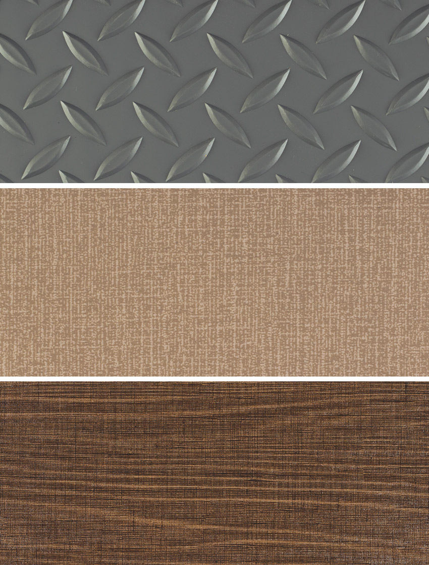 sheet vinyl flooring, from top to bottom: diamond plate pattern, linen pattern, and wood-grain pattern