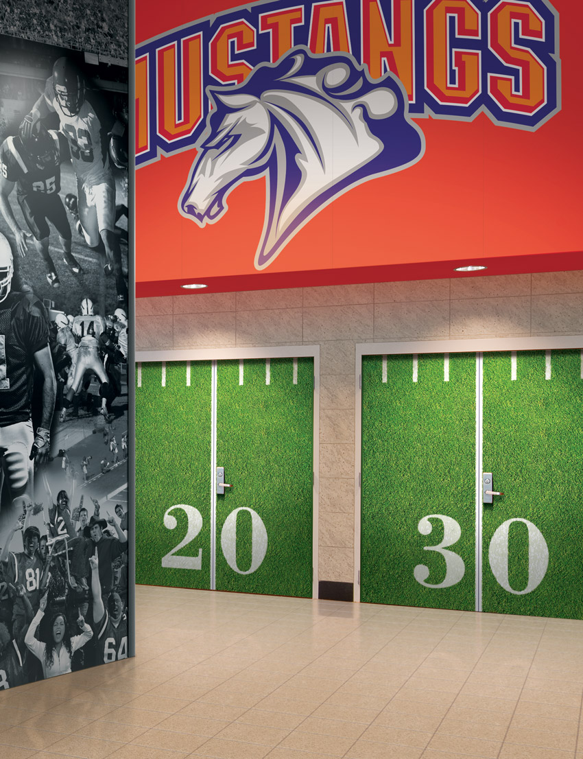 Interior wall surfaces and doors in stadiums