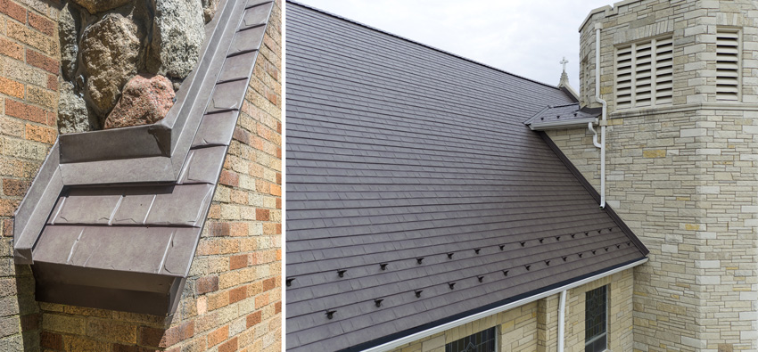 Metal tile roofing with appearance of slate shingles