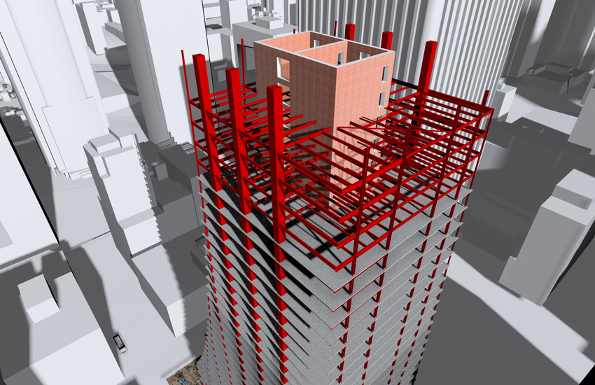 Revit model displays the concrete-filled composite plate shear wall
core system.