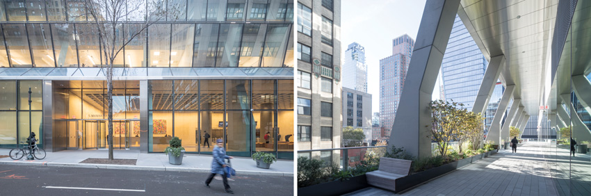 Left: Sloping groung-floor entrance of Westyard Distribution Center in Manhattan. Right: Second level REX opens the portion of pleated glass facade to the building Westyard Distribution Center in Manhattan