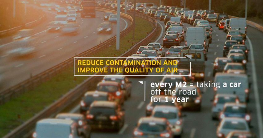 Image of cars in traffic with quote Reduce contamination and imporved the quality of air